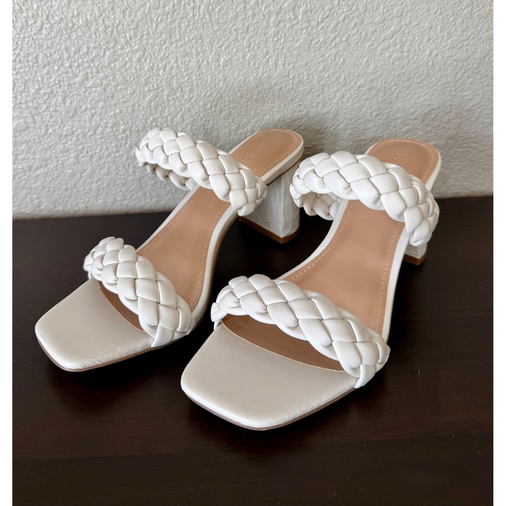 Cushionaire Irine Cream Braided Double Strap Block Heel Slide Sandals Size 8M